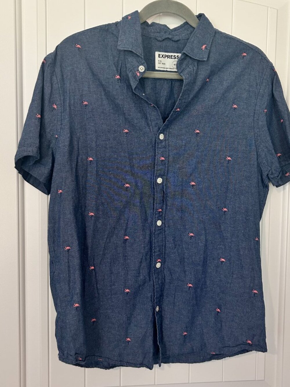 Express Men's Slim Soft Wash Short Sleeve Button Up Shirt Blue Flamingo Print M